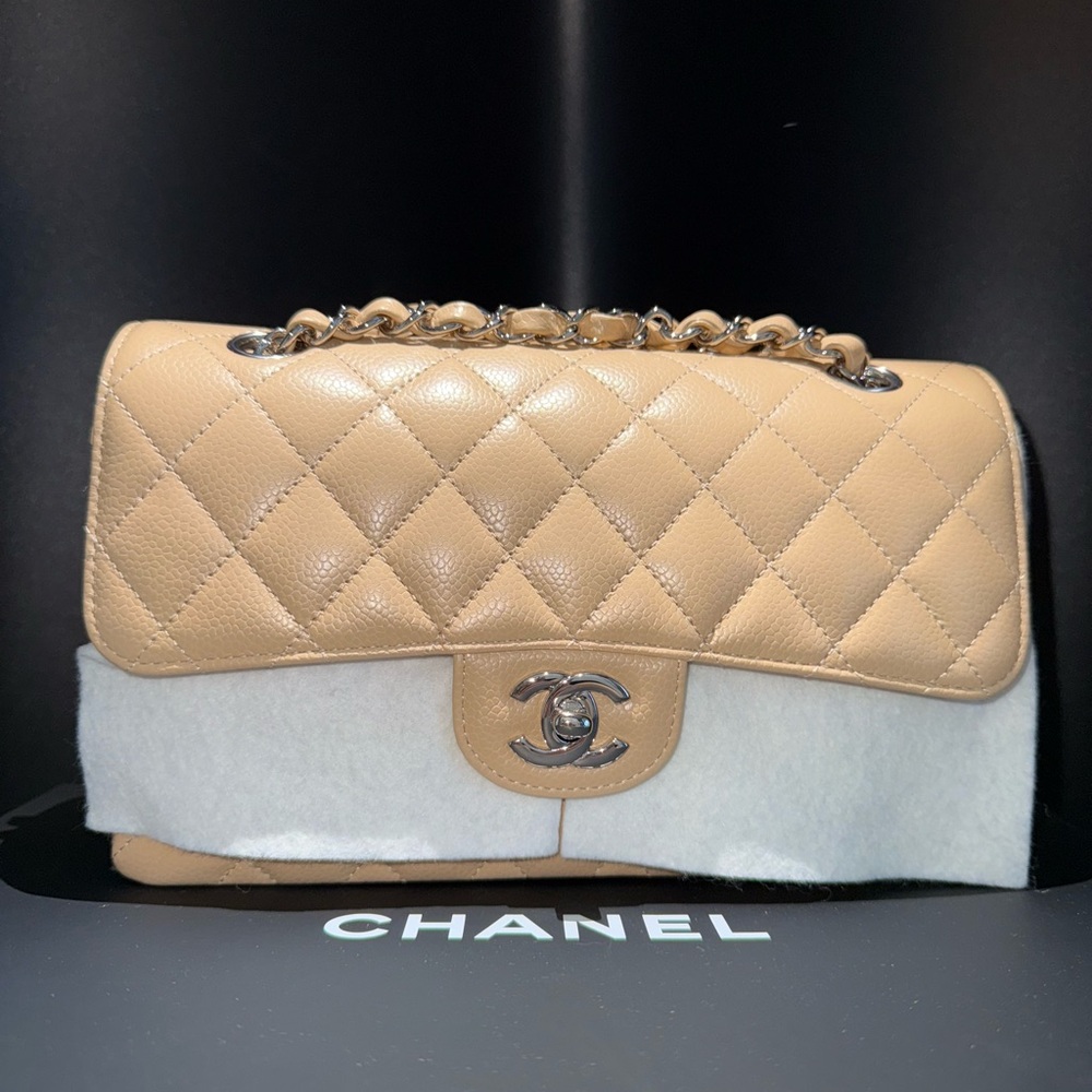 Brand New Small Beige Chanel Classic Flap Bag Caviar Leather NIB